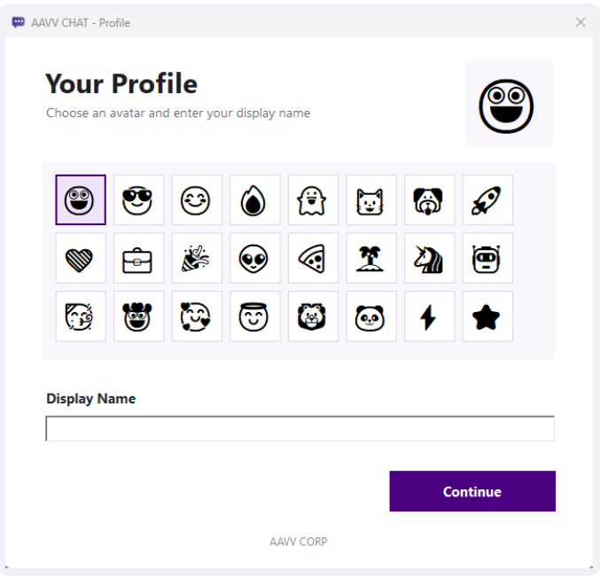 AAVV CHAT profile setup screen