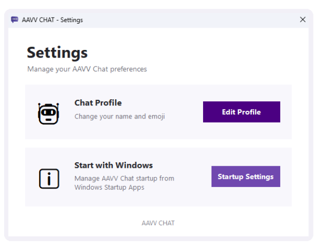 AAVV CHAT settings screen