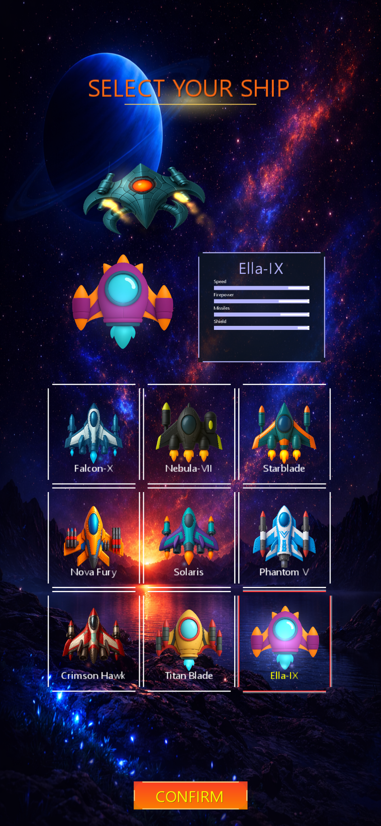 Galactic Force X Ultimate ship selection screen